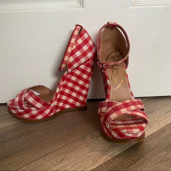 Red white Gingham Wedges Schuh - Picture 1 of 4